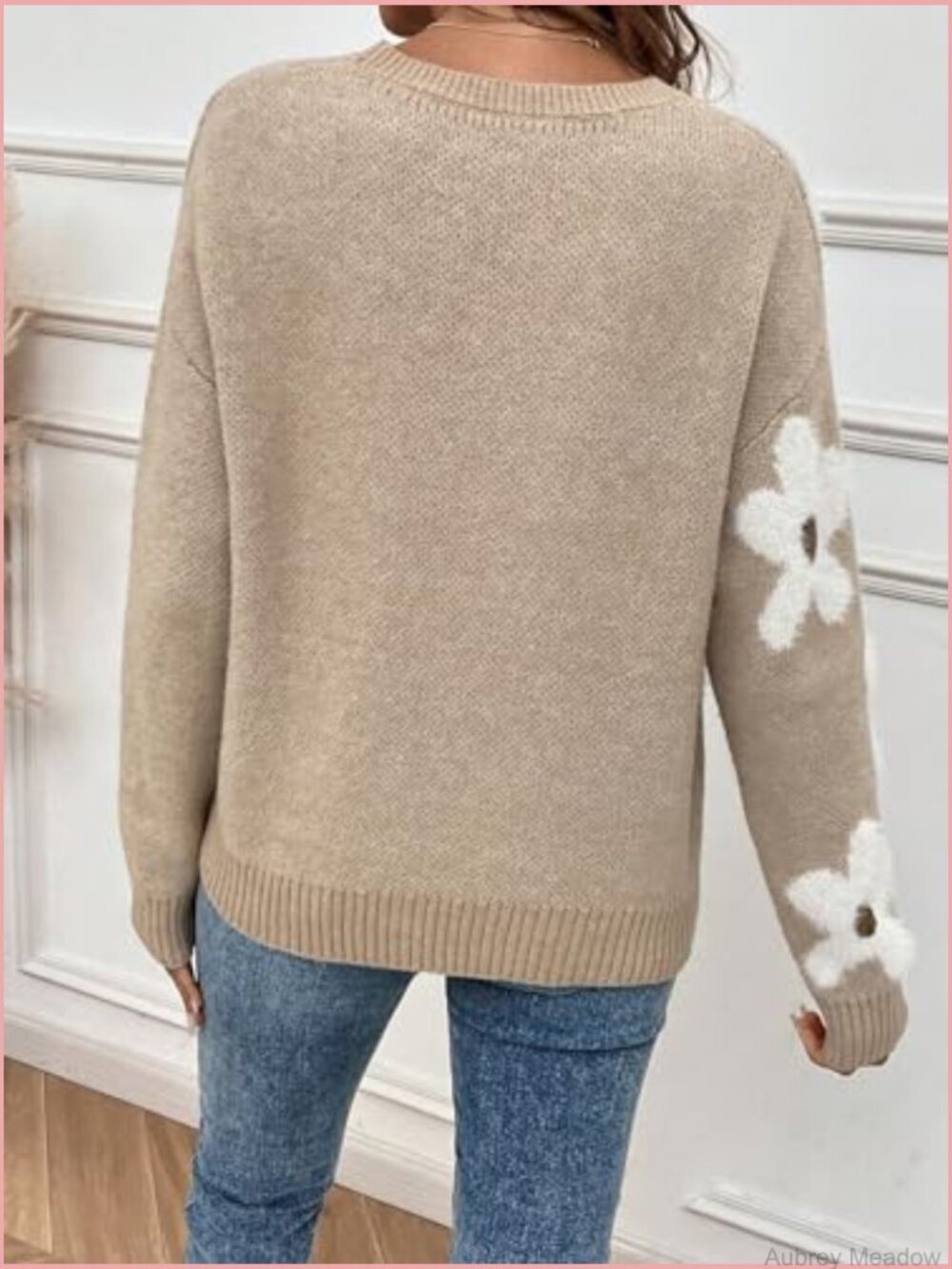 Women's Floral Crewneck Long Sleeve Drop Shoulder Pullover Sweater - Picture 3 of 7